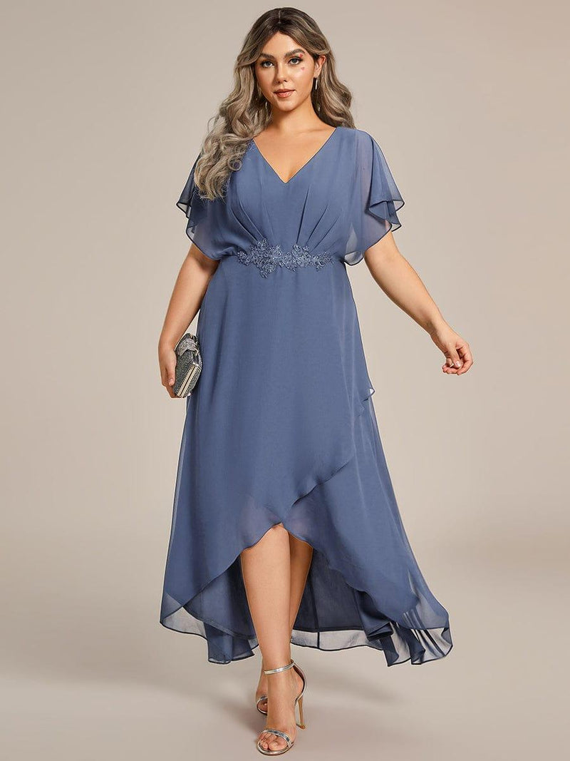 ever LILAS|Elegant Short Sleeves A-Line Waist Applique Formal Dress with Lotus Leaf Hem