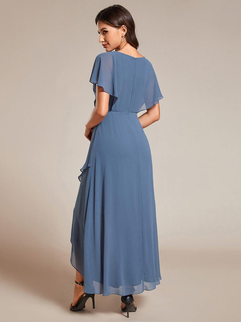 ever LILAS|Elegant Short Sleeves A-Line Waist Applique Formal Dress with Lotus Leaf Hem
