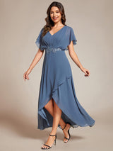 ever LILAS|Elegant Short Sleeves A-Line Waist Applique Formal Dress with Lotus Leaf Hem