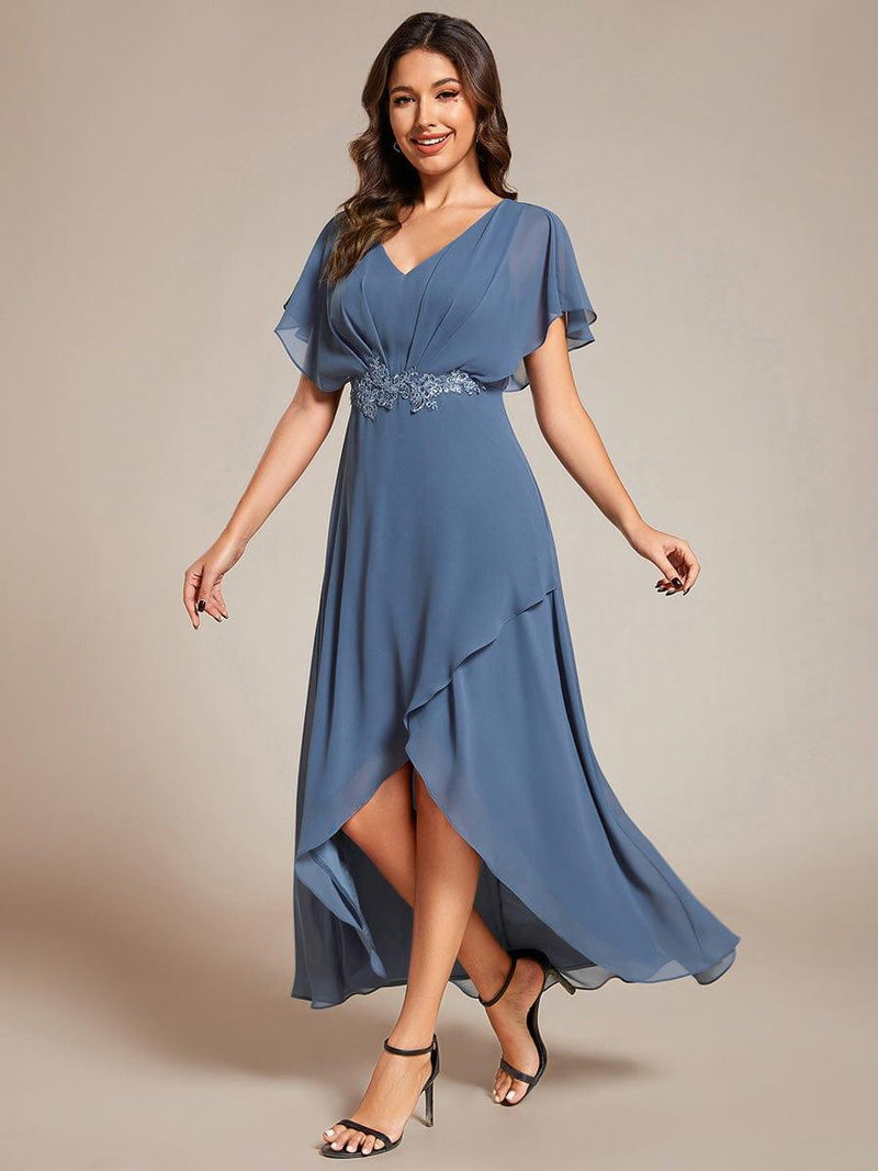 ever LILAS|Elegant Short Sleeves A-Line Waist Applique Formal Dress with Lotus Leaf Hem
