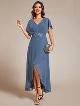 ever LILAS|Elegant Short Sleeves A-Line Waist Applique Formal Dress with Lotus Leaf Hem