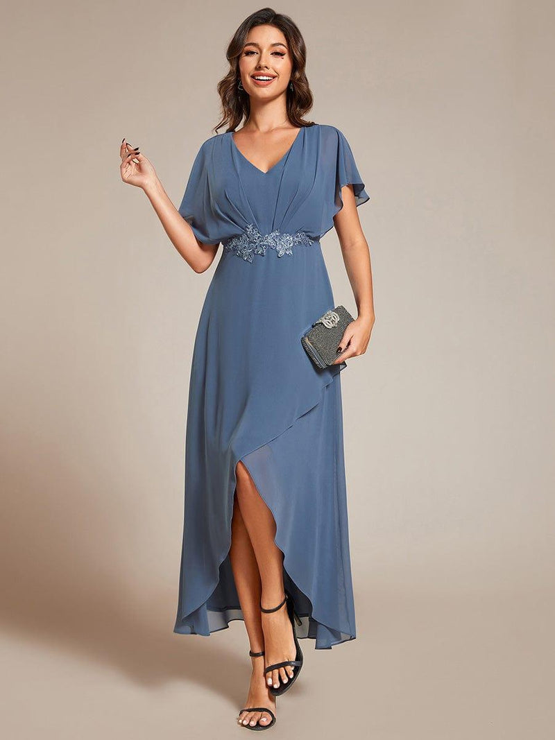 ever LILAS|Elegant Short Sleeves A-Line Waist Applique Formal Dress with Lotus Leaf Hem