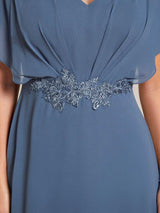 ever LILAS|Elegant Short Sleeves A-Line Waist Applique Formal Dress with Lotus Leaf Hem