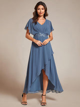 ever LILAS|Elegant Short Sleeves A-Line Waist Applique Formal Dress with Lotus Leaf Hem