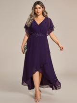 ever LILAS|Elegant Short Sleeves A-Line Waist Applique Formal Dress with Lotus Leaf Hem