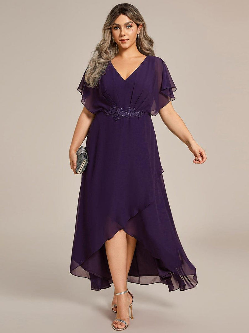 ever LILAS|Elegant Short Sleeves A-Line Waist Applique Formal Dress with Lotus Leaf Hem