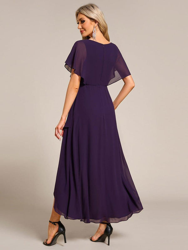 ever LILAS|Elegant Short Sleeves A-Line Waist Applique Formal Dress with Lotus Leaf Hem