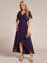 ever LILAS|Elegant Short Sleeves A-Line Waist Applique Formal Dress with Lotus Leaf Hem