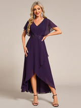 ever LILAS|Elegant Short Sleeves A-Line Waist Applique Formal Dress with Lotus Leaf Hem