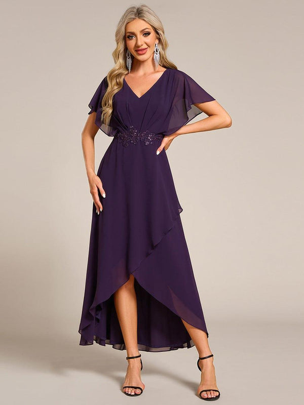 ever LILAS|Elegant Short Sleeves A-Line Waist Applique Formal Dress with Lotus Leaf Hem