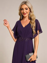 ever LILAS|Elegant Short Sleeves A-Line Waist Applique Formal Dress with Lotus Leaf Hem