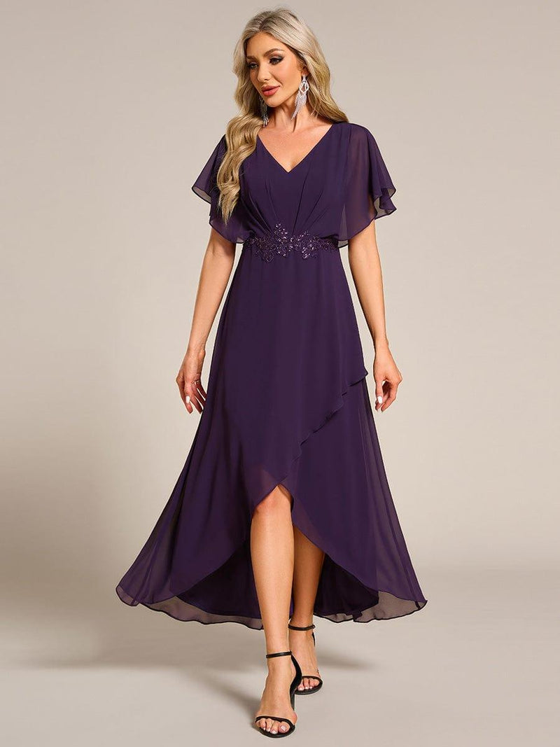ever LILAS|Elegant Short Sleeves A-Line Waist Applique Formal Dress with Lotus Leaf Hem