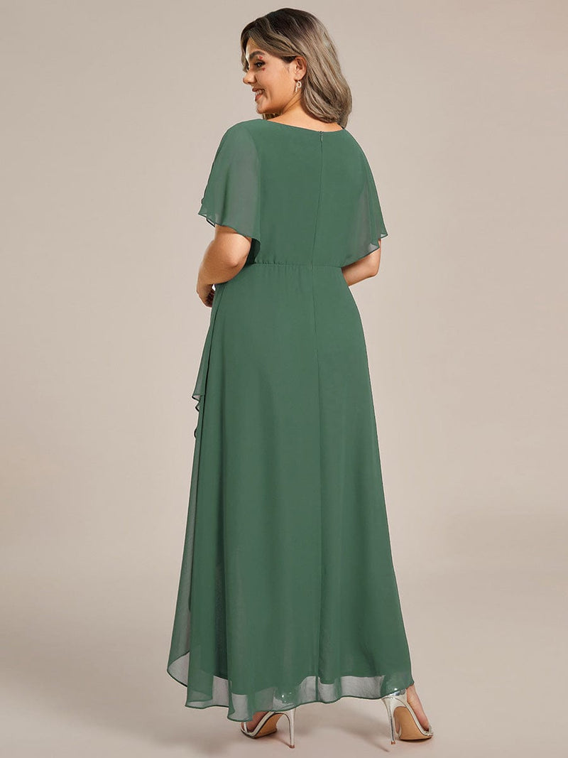 ever LILAS|Elegant Short Sleeves A-Line Waist Applique Formal Dress with Lotus Leaf Hem