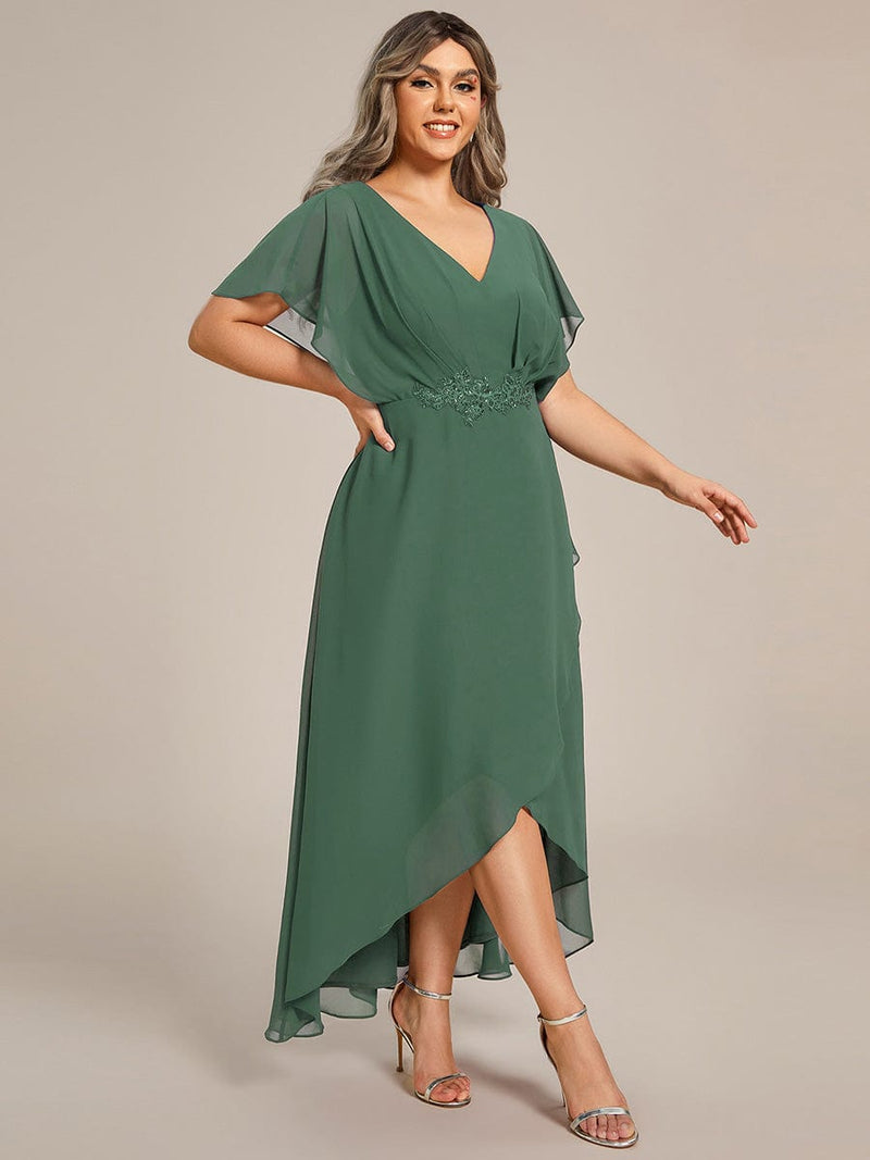 pretty LILAS|Plus Size V-Neck Chiffon Bat-Wing Sleeve A-Line Waist Applique Formal Dress
