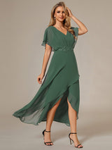 ever LILAS|Elegant Short Sleeves A-Line Waist Applique Formal Dress with Lotus Leaf Hem