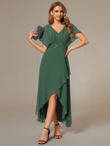 ever LILAS|Elegant Short Sleeves A-Line Waist Applique Formal Dress with Lotus Leaf Hem