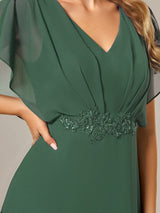 ever LILAS|Elegant Short Sleeves A-Line Waist Applique Formal Dress with Lotus Leaf Hem
