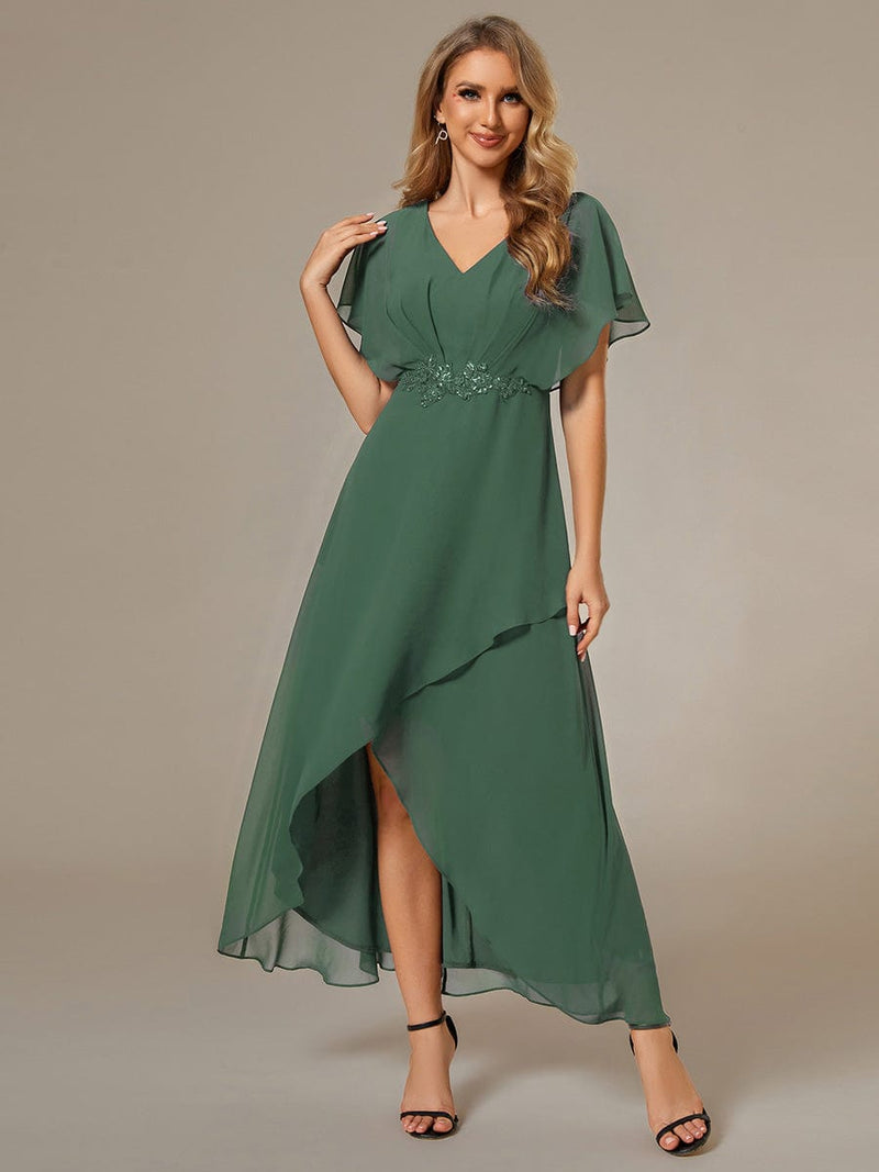 ever LILAS|Elegant Short Sleeves A-Line Waist Applique Formal Dress with Lotus Leaf Hem