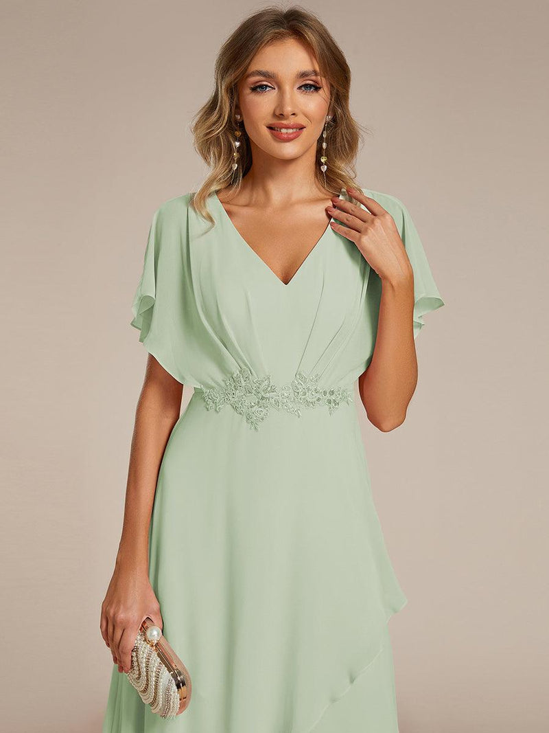 ever LILAS|Elegant Short Sleeves A-Line Waist Applique Formal Dress with Lotus Leaf Hem