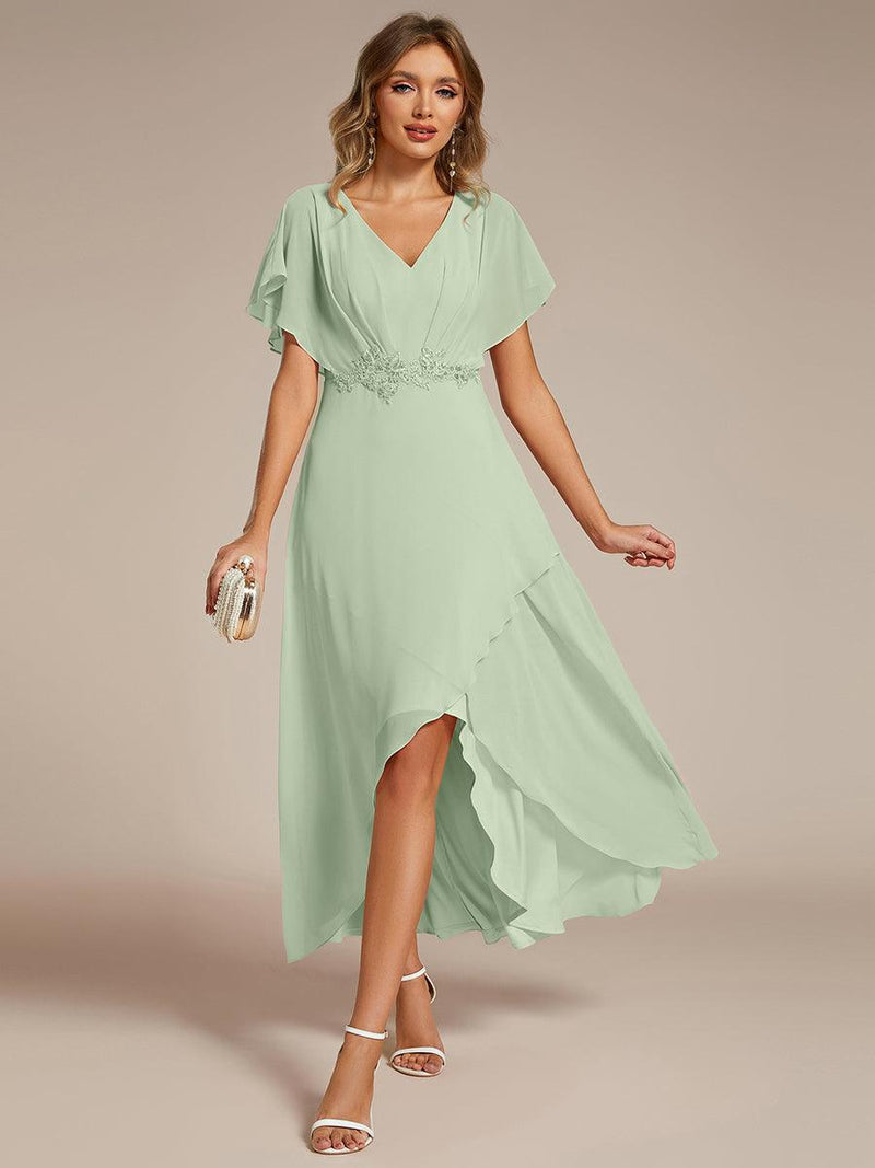 ever LILAS|Elegant Short Sleeves A-Line Waist Applique Formal Dress with Lotus Leaf Hem
