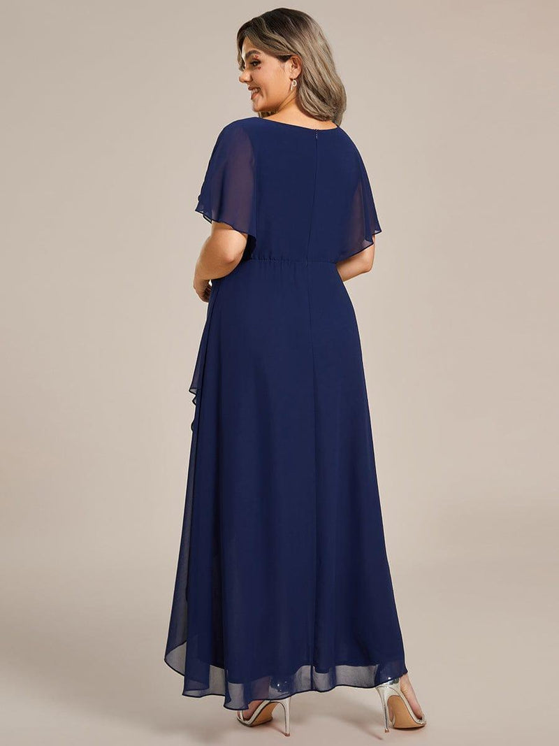 ever LILAS|Elegant Short Sleeves A-Line Waist Applique Formal Dress with Lotus Leaf Hem