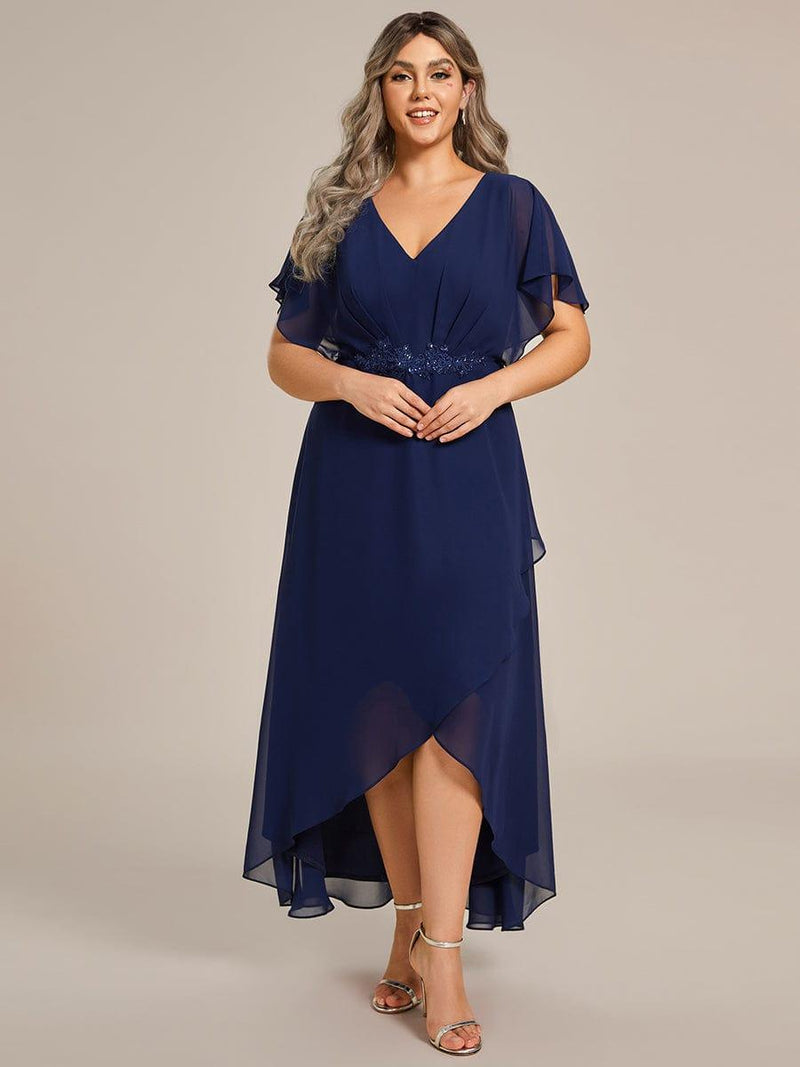 ever LILAS|Elegant Short Sleeves A-Line Waist Applique Formal Dress with Lotus Leaf Hem