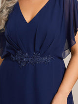 ever LILAS|Elegant Short Sleeves A-Line Waist Applique Formal Dress with Lotus Leaf Hem