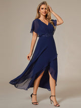 ever LILAS|Elegant Short Sleeves A-Line Waist Applique Formal Dress with Lotus Leaf Hem