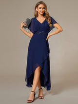 ever LILAS|Elegant Short Sleeves A-Line Waist Applique Formal Dress with Lotus Leaf Hem