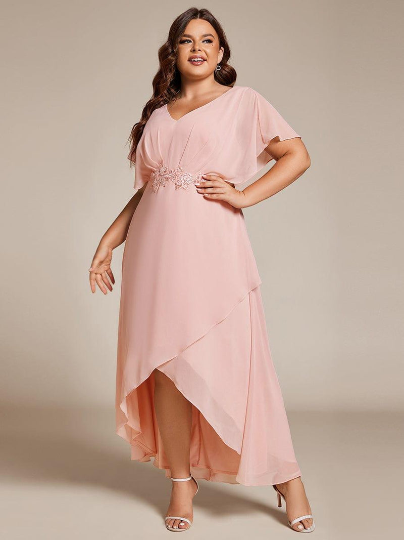 ever LILAS|Elegant Short Sleeves A-Line Waist Applique Formal Dress with Lotus Leaf Hem