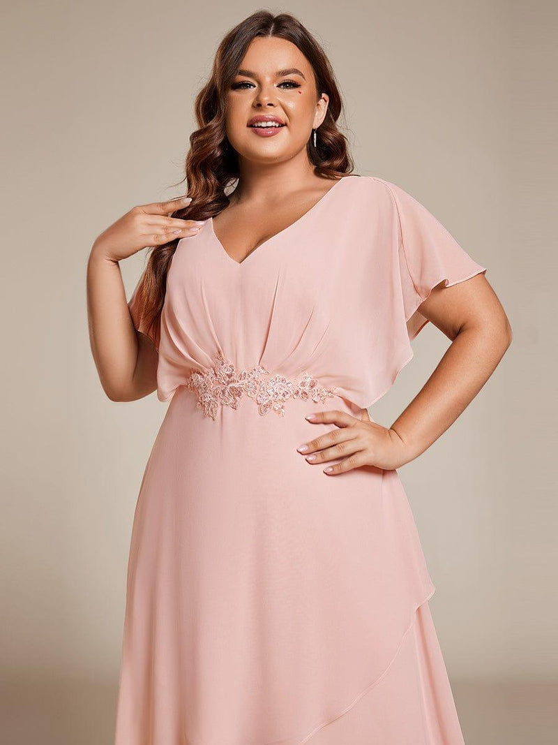 ever LILAS|Elegant Short Sleeves A-Line Waist Applique Formal Dress with Lotus Leaf Hem