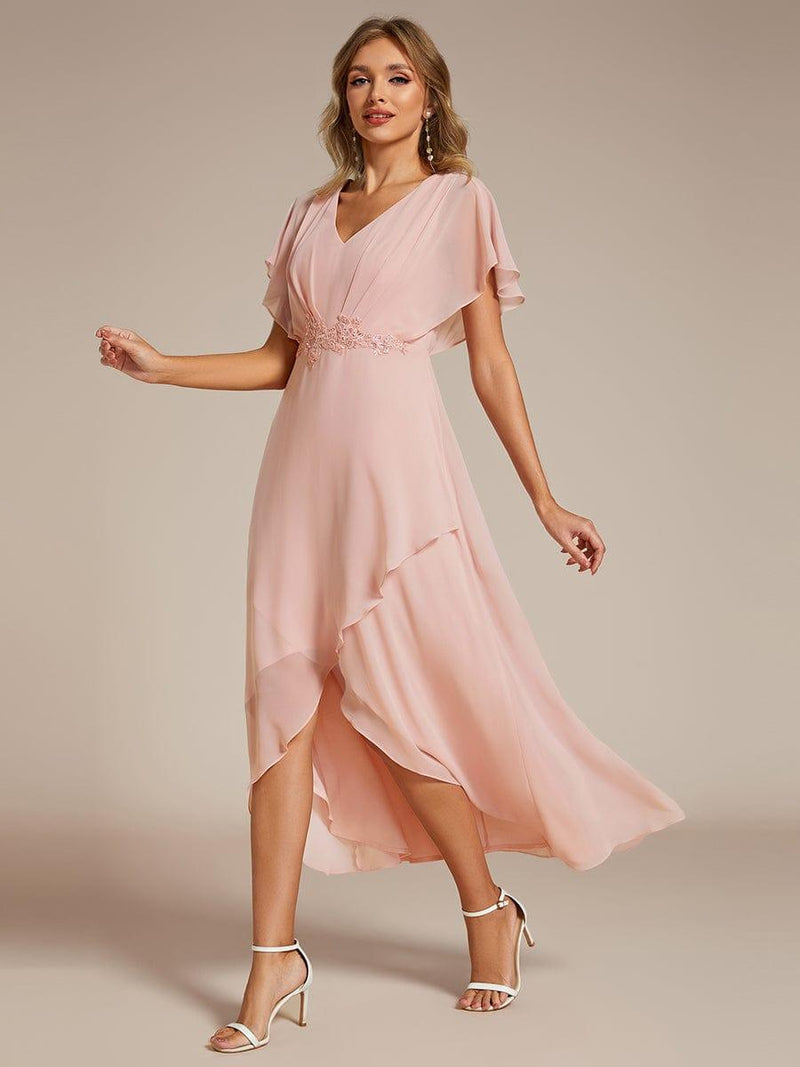 ever LILAS|Elegant Short Sleeves A-Line Waist Applique Formal Dress with Lotus Leaf Hem