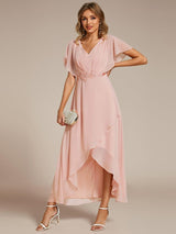 ever LILAS|Elegant Short Sleeves A-Line Waist Applique Formal Dress with Lotus Leaf Hem
