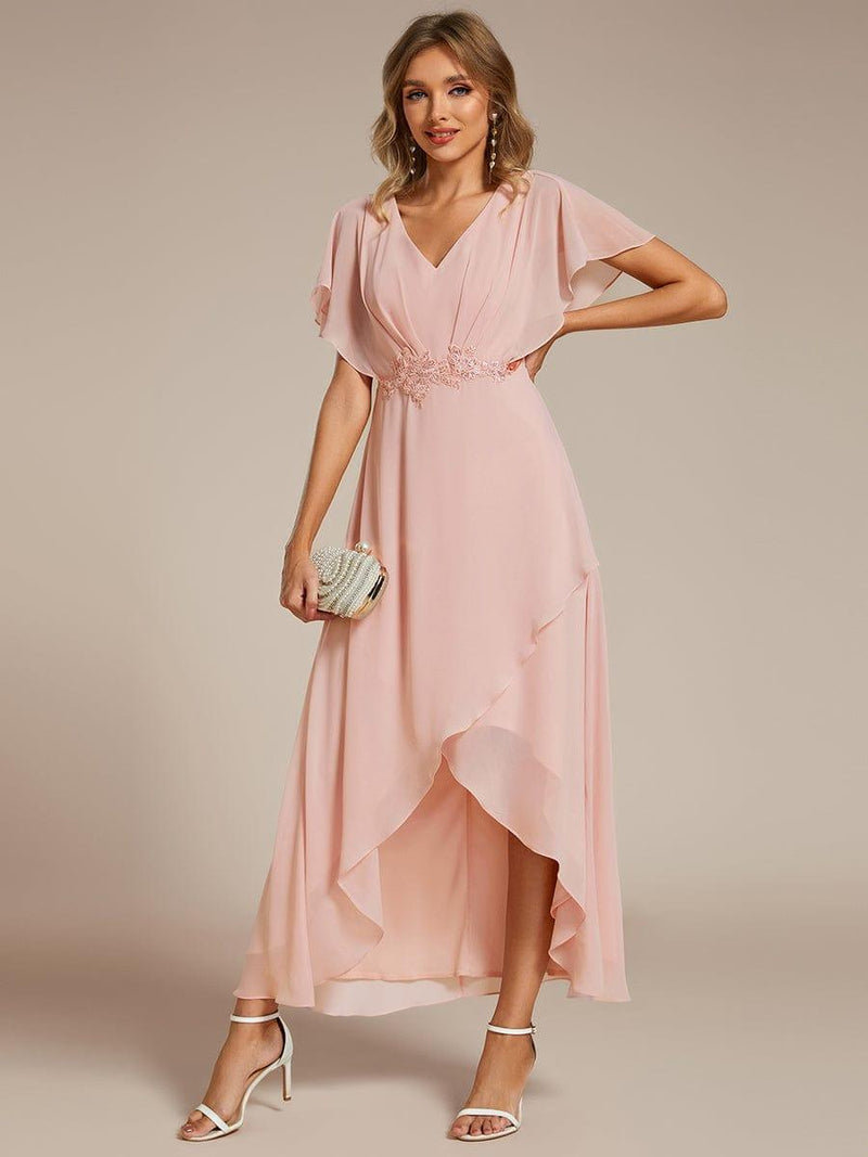 ever LILAS|Elegant Short Sleeves A-Line Waist Applique Formal Dress with Lotus Leaf Hem