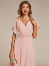 ever LILAS|Elegant Short Sleeves A-Line Waist Applique Formal Dress with Lotus Leaf Hem