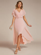 ever LILAS|Elegant Short Sleeves A-Line Waist Applique Formal Dress with Lotus Leaf Hem