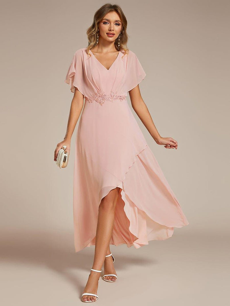 ever LILAS|Elegant Short Sleeves A-Line Waist Applique Formal Dress with Lotus Leaf Hem