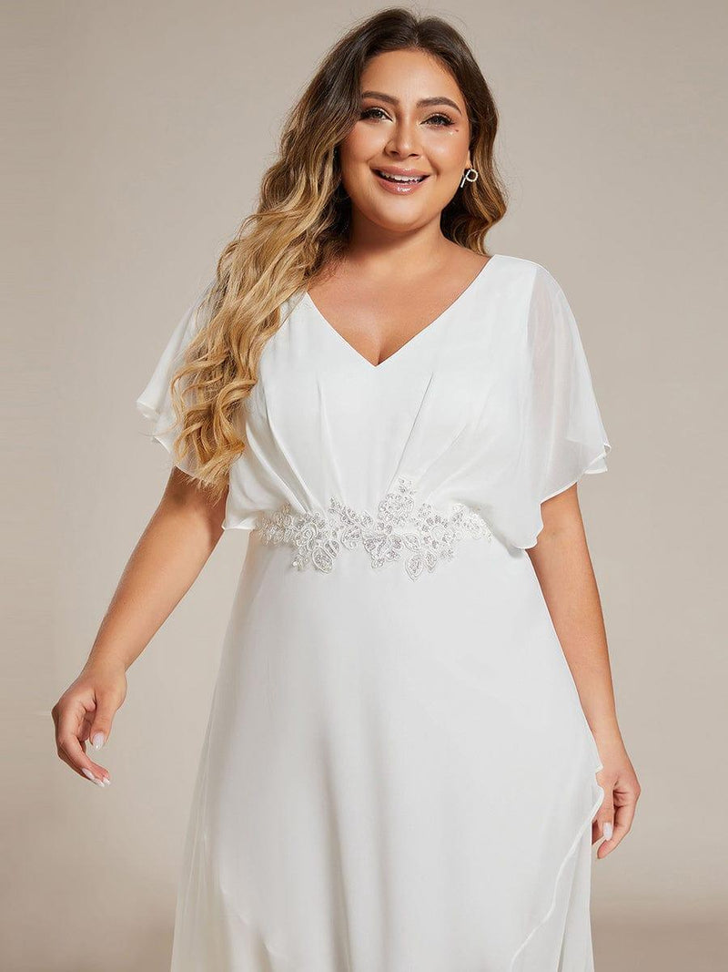 ever LILAS|Elegant Short Sleeves A-Line Waist Applique Formal Dress with Lotus Leaf Hem