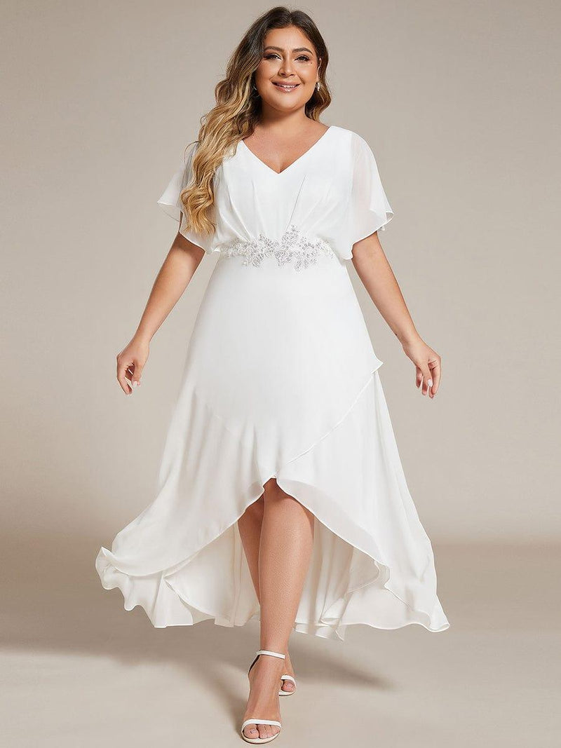 ever LILAS|Elegant Short Sleeves A-Line Waist Applique Formal Dress with Lotus Leaf Hem
