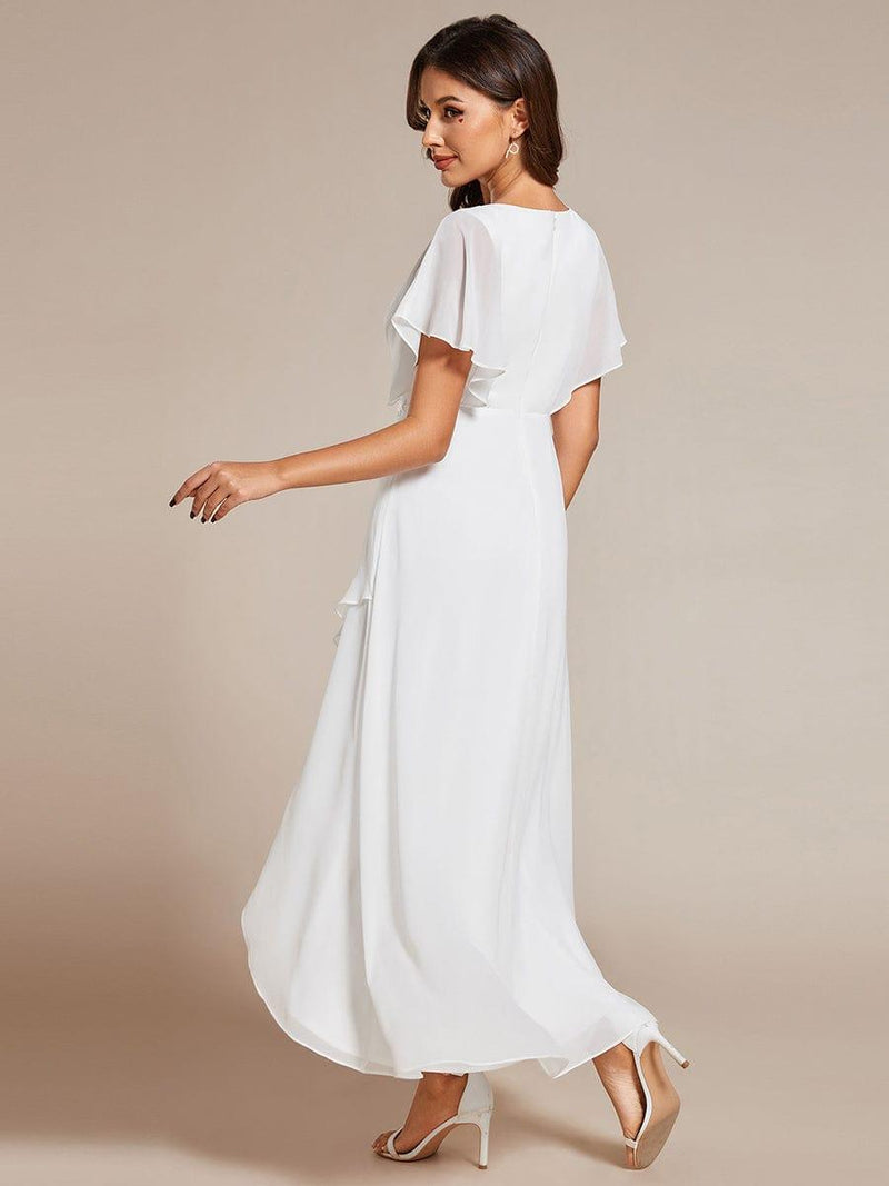 ever LILAS|Elegant Short Sleeves A-Line Waist Applique Formal Dress with Lotus Leaf Hem