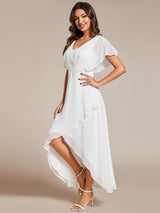 ever LILAS|Elegant Short Sleeves A-Line Waist Applique Formal Dress with Lotus Leaf Hem