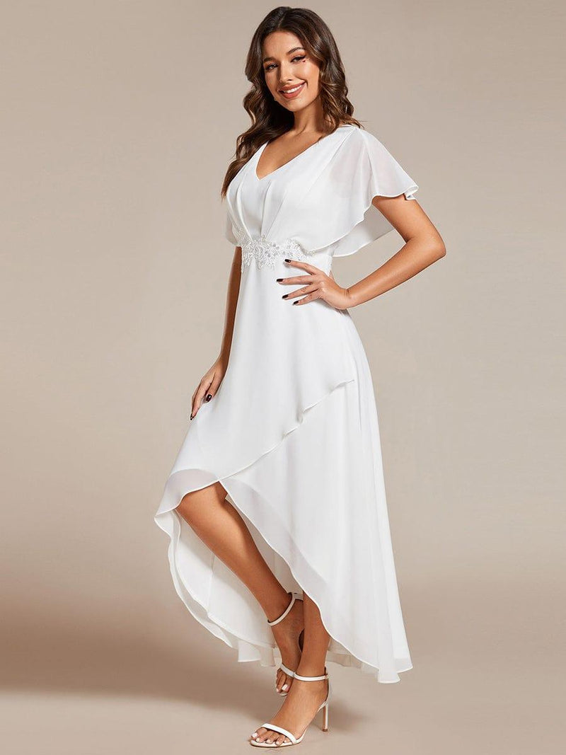ever LILAS|Elegant Short Sleeves A-Line Waist Applique Formal Dress with Lotus Leaf Hem