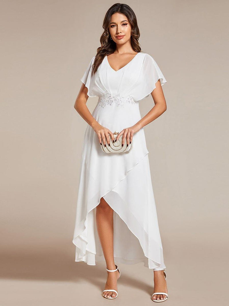 ever LILAS|Elegant Short Sleeves A-Line Waist Applique Formal Dress with Lotus Leaf Hem