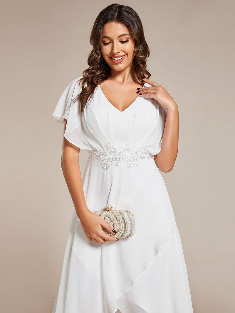 ever LILAS|Elegant Short Sleeves A-Line Waist Applique Formal Dress with Lotus Leaf Hem