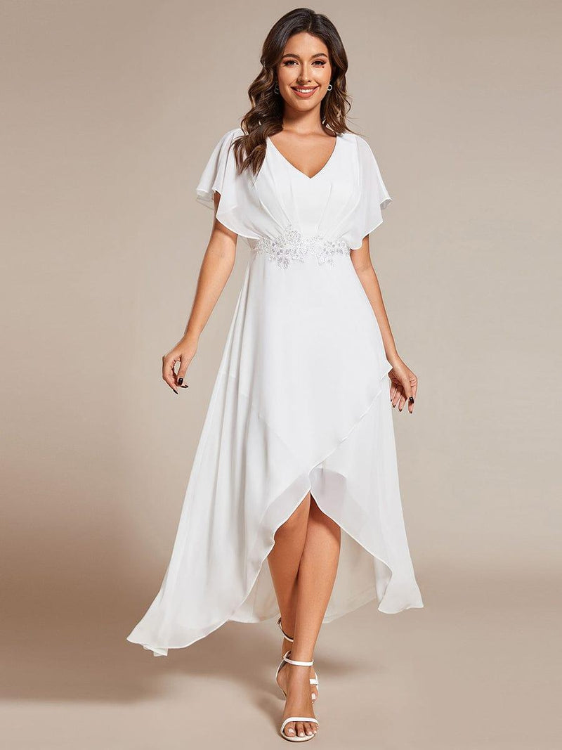 ever LILAS|Elegant Short Sleeves A-Line Waist Applique Formal Dress with Lotus Leaf Hem
