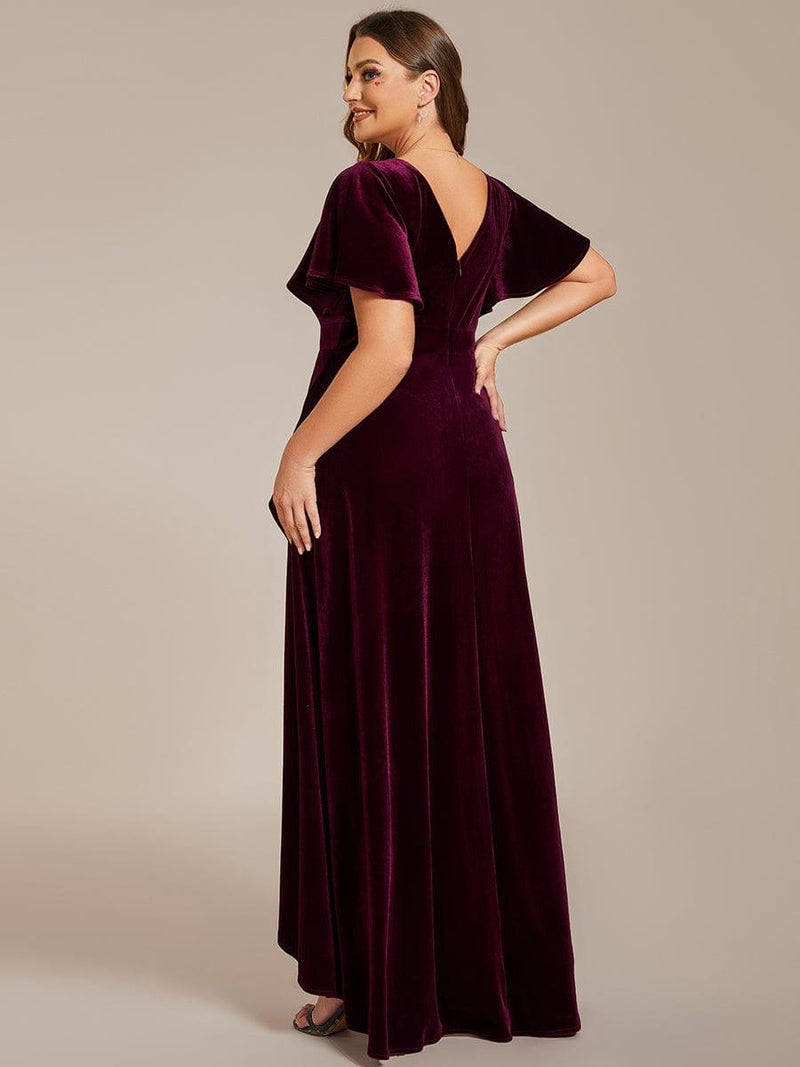 ever SYLVA|Double V-Neck Short Sleeves Stretchy Velvet Evening Dress with Lotus Leaf Hem