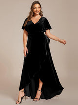 ever SYLVA|Double V-Neck Short Sleeves Stretchy Velvet Evening Dress with Lotus Leaf Hem
