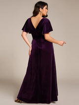 ever SYLVA|Double V-Neck Short Sleeves Stretchy Velvet Evening Dress with Lotus Leaf Hem