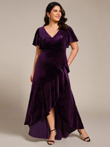 ever SYLVA|Double V-Neck Short Sleeves Stretchy Velvet Evening Dress with Lotus Leaf Hem