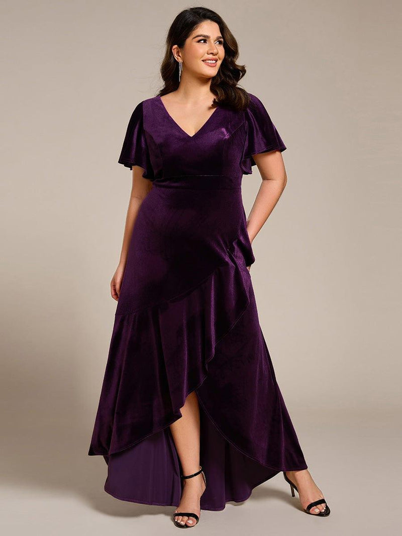 ever SYLVA|Double V-Neck Short Sleeves Stretchy Velvet Evening Dress with Lotus Leaf Hem